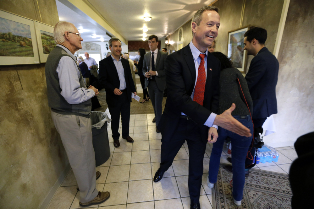 Former Maryland Gov. Martin O’Malley greets local residents before speaking at a fundraiser in Indianola, Iowa, in April.