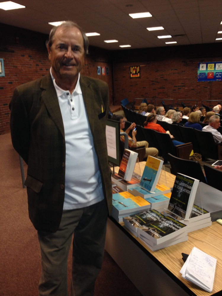 Author Paul Theroux prepares to speak to an audience Saturday at the University of Maine at Augusta’s Jewett Hall about several of his books.