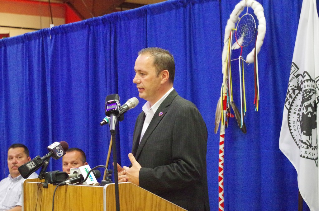 Penobscot Chief Kirk Francis speaks at Wednesday's press conference on the Penobscot reservation at Indian Island. He said, "The Maine Indian Land Claims Settlement Act has failed and we cannot allow ourselves to continue down the path."
Colin Woodard/Staff Writer
