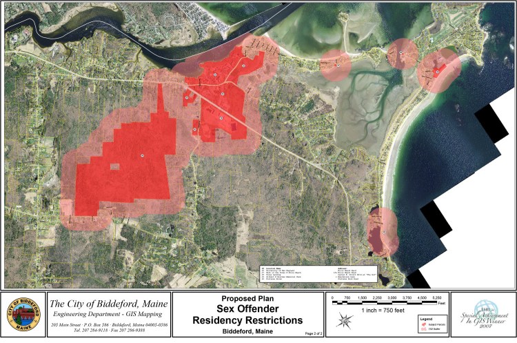 The red areas delineate the protected properties in Biddeford, and the pink areas are the buffer zones in which people who have committed sex crimes against children are not allowed to live, according to new restrictions passed by the City Council.