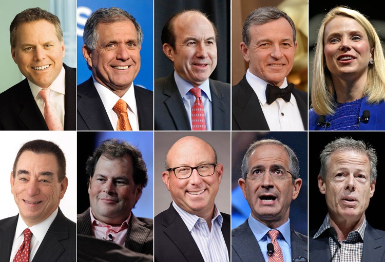 The 10 highest-paid CEOs in 2014, according to a study carried out by executive compensation data firm Equilar and The Associated Press: Top row, from left: David Zaslav, Discovery Communications; Les Moonves, CBS; Philippe Dauman, Viacom;  Robert Iger, Walt Disney; and Marissa Mayer, Yahoo. Bottom row, from left: Leonard Schleifer, Regeneron Pharmaceuticals; Marc Benioff, Salesforce; Jeffrey Leiden, Vertex Pharmaceuticals; Brian Roberts, Comcast; and Jeffrey Bewkes, Time Warner. 