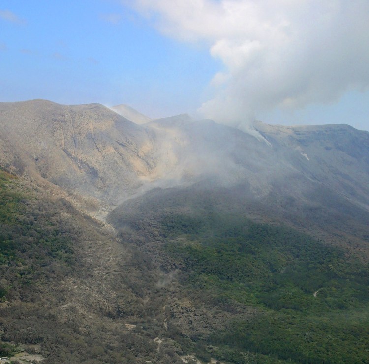 A column of smoke raises from Mount Shindake on Kuchinoerabu island in southern Japan.
