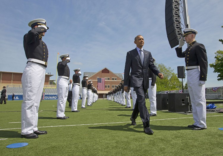 President Barack Obama is introduced at the U.S. Coast Guard Academy graduation in New London, Connecticut on Wednesday before giving the commencement address. The Associated Press