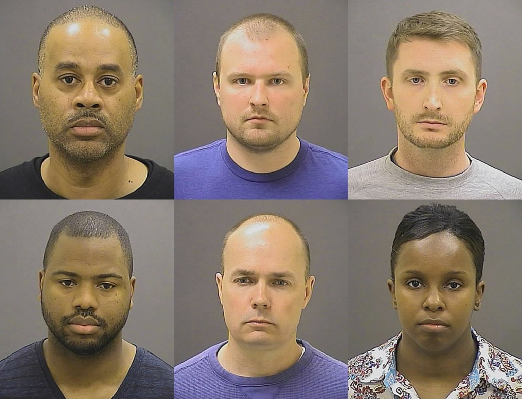 This photo provided by the Baltimore Police Department on Friday shows, top row from left, Caesar R. Goodson Jr., Garrett E. Miller and Edward M. Nero, and bottom row from left, William G. Porter, Brian W. Rice and Alicia D. White, the six police officers charged with felonies ranging from assault to murder in the death of Freddie Gray.