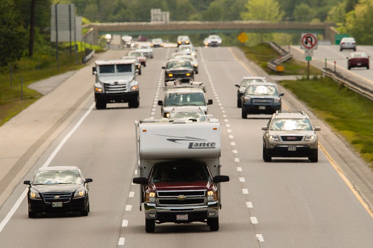 Vehicles head north into Maine on the Maine Turnpike in Saco recently. Turnpike officials say traffic this year is set to surpass the record set in 2007.
Carl D. Walsh/Staff Photographer