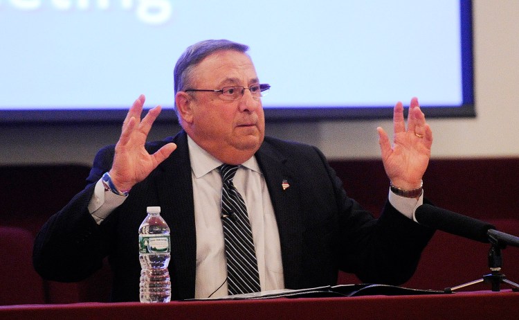 Gov. Paul LePage speaks at Tuesday's town hall forum at the Open Door Bible Baptist Church in Lisbon. He said that if the Legislature won’t act on his plan to lower income taxes, he’ll personally lead a citizens initiative.
Shawn Patrick Ouellette/Staff Photographer
