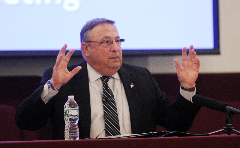 Gov. Paul LePage speaks in June at a town hall forum  at the Open Door Bible Baptist Church in Lisbon. 