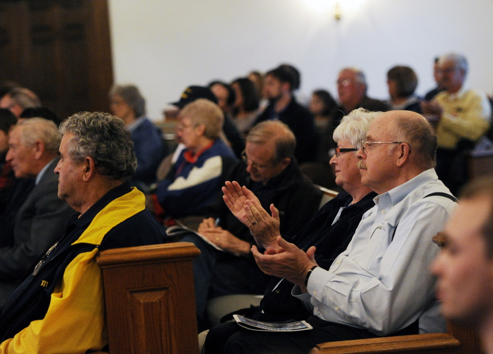 LISBON, ME - JUNE 2: Attendees clap as Gov. Paul LePage speaks at a town hall tax forum at Open Door Bible Baptist Church in Lisbon Tuesday, June 2, 2015. (Photo by Shawn Patrick Ouellette/Staff Photographer)