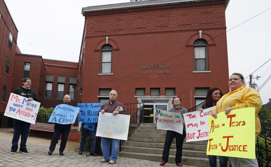 Supporters of victims of alleged sexual abuse by former Biddeford police officers picket before Tuesday night's City Council meeting at City Hall.
Jill Brady/Staff Photographer