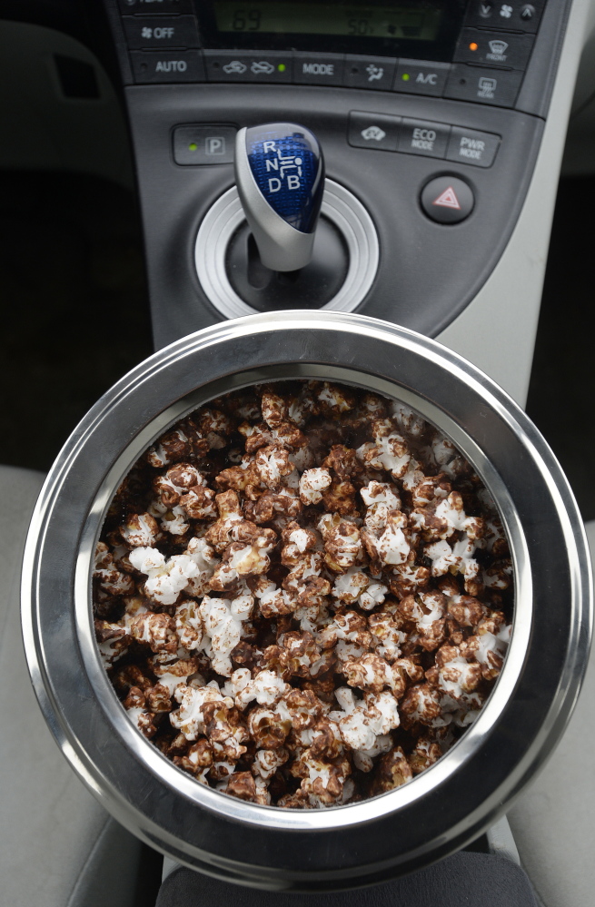 PORTLAND, ME - June 2: Road-trip Salted Dark Chocolate and Peanut Butter Popcorn in a Prius Tuesday, June 2, 2015. (Photo by Shawn Patrick Ouellette/Staff Photographer)