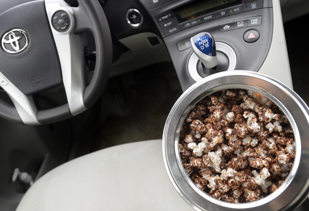 Road-trip Salted Dark Chocolate and Peanut Butter Popcorn (in a Prius, no less).
