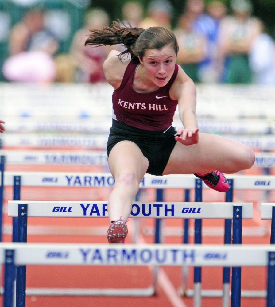 June 6: Kents Hill’s Leila Alfaro clears a hurdle during the 100 hurdles. Alfaro finished third with a time of 15.99 seconds. Kylene DeSmith of Seacoast Christian won the event in 15.80, to go along with a victory in the triple jump.
