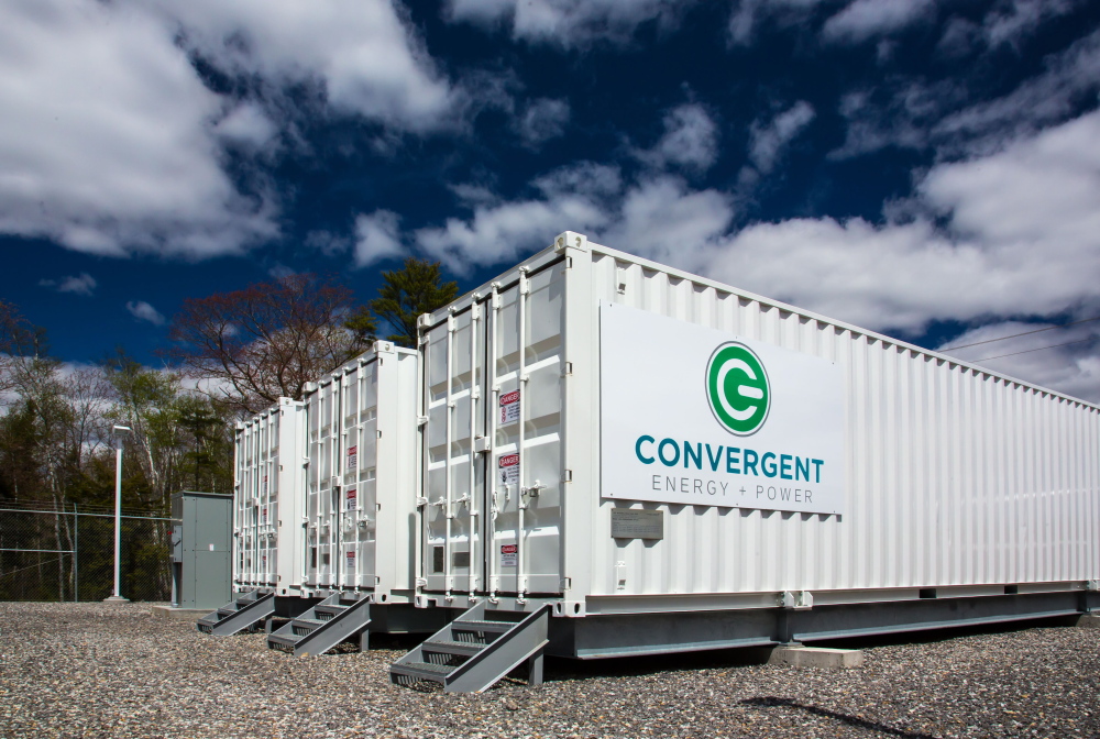 Three large shipping containers in Boothay make up New England's first utility-scale electricity storage system. Convergent Energy