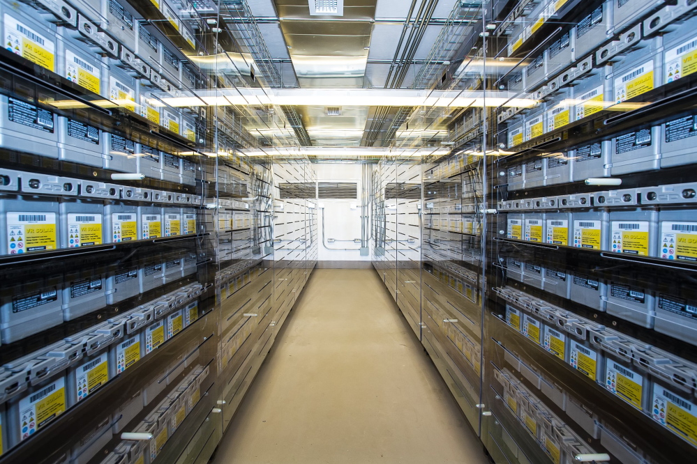 Hundreds of special-purpose batteries fill racks inside one of three shipping containers in Boothbay that make up New England’s first utility-scale electricity storage system.