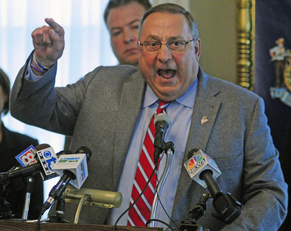 Gov. LePage speaks at a May 29 news conference where he called Democratic lawmakers “disgusting” and “disgraceful” for delaying a committee vote on Bruce Williamson’s nomination to the Public Utilities Commission.