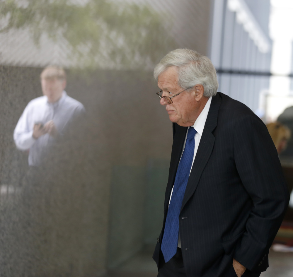 Former House Speaker Dennis Hastert, arrives at the federal courthouse Tuesday, June 9, 2015, in Chicago for his  arraignment on federal charges that he broke federal banking laws and lied about the money when questioned by the FBI. The indictment two weeks ago alleged Hastert agreed to pay $3.5 million to someone from his days as a high school teacher not to reveal a secret about past misconduct. (AP Photo/Christian K. Lee)
