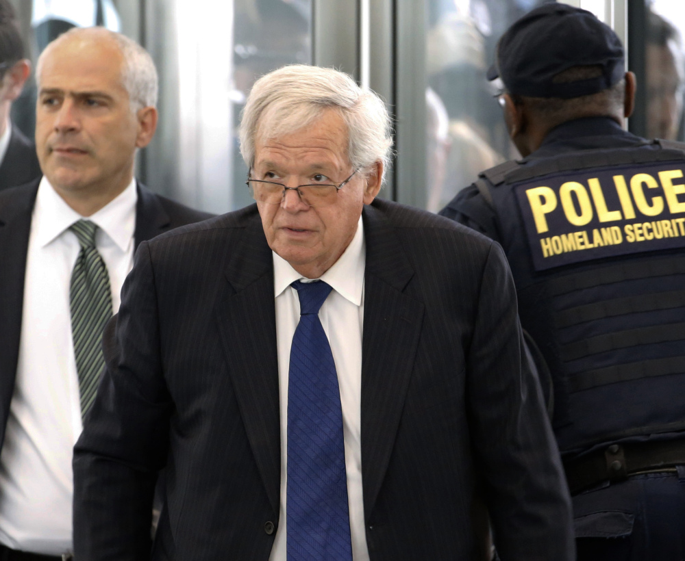 Former House Speaker Dennis Hastert arrives at Chicago’s federal courthouse Tuesday for his arraignment on federal charges.
