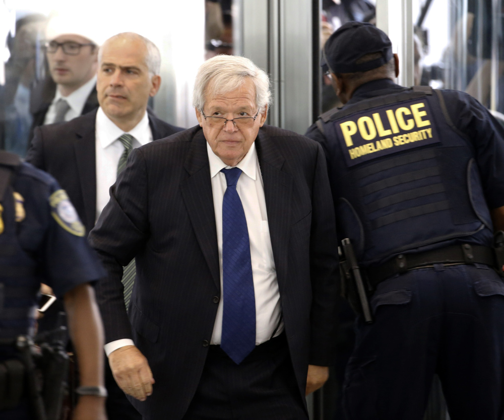 Former House Speaker Dennis Hastert arrives at the federal courthouse Tuesday, June 9, 2015, in Chicago for his arraignment on federal charges that he broke federal banking laws and lied about the money when questioned by the FBI. The indictment two weeks ago, alleged Hastert agreed to pay $3.5 million to someone from his days as a high school teacher not to reveal a secret about past misconduct. (AP Photo/Charles Rex Arbogast)