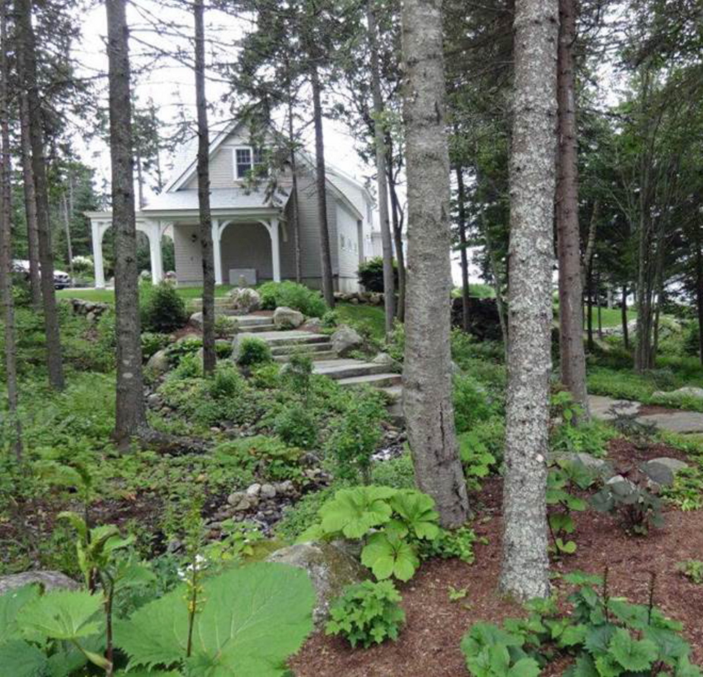 Watch for ways gardeners deal with uneven ground, such as on this property on the Boothbay tour.