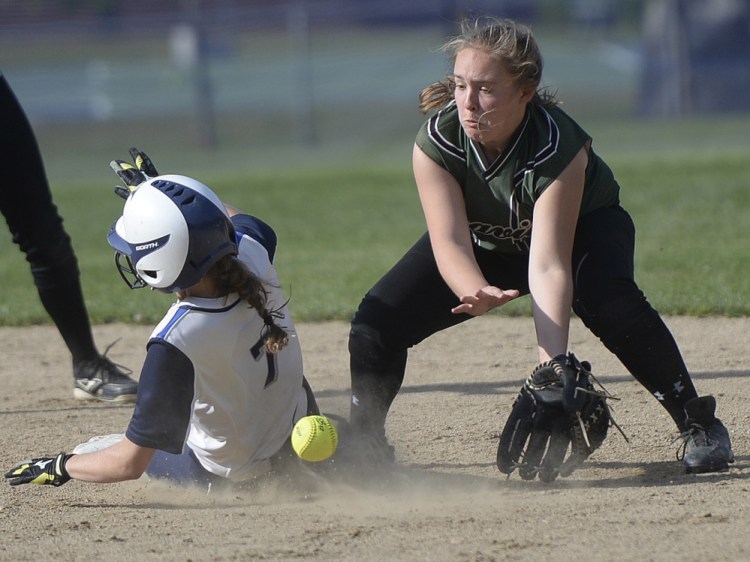 Colleen Sullivan of Yarmouth slides safely into second for a stolen base as Leavitt’s Kassie Murch fields the throw Thursday during their Western Class B softball quarterfinal. Yarmouth won, 6-0.