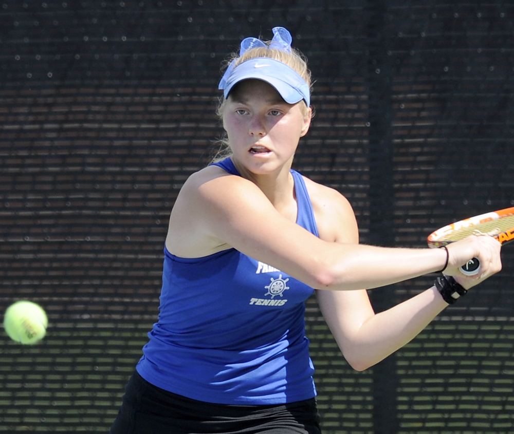 Olivia Leavitt of Falmouth won at No. 1 singles to help the Yachtsmen defeat Scarborough 4-1 and return to the Class A state final for the second straight year after six straight state titles in Class B.