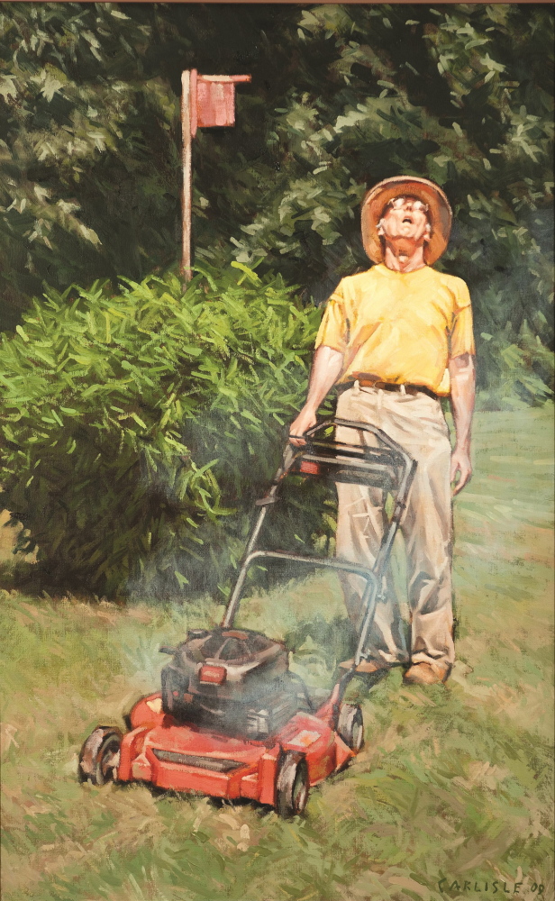 Several of Gordon Carlisle’s works in “Of Two Minds” are self-portraits of him mowing his lawn,