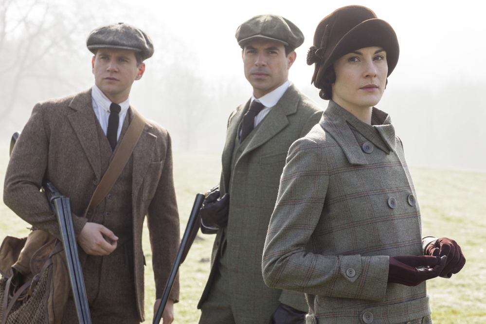 Allen Leech, left, as Tom Branson, Tom Cullen as Lord Gillingham and Michelle Dockery as Lady Mary in an episode from the fifth season of “Downton Abbey.”
