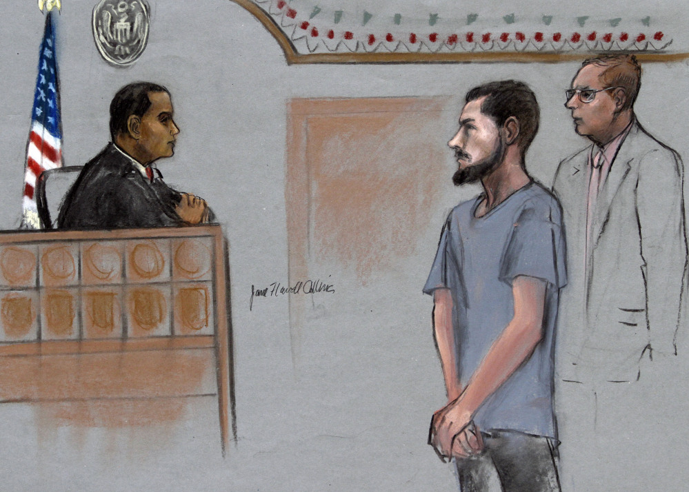 In this courtroom sketch, Nicholas Rovinski, second from right, of Warwick, R.I., is depicted standing with his attorney William Fick, right, as Magistrate Judge Donald Cabell, left, presides during a hearing Friday in federal court in Boston. Rovinski  is accused of conspiring with Usaama Rahim of Boston, who was killed the previous week by terror investigators who had him under 24-hour surveillance.