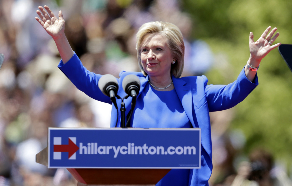 Former Secretary of State Hillary Rodham Clinton gestures before speaking to supporters Saturday on Roosevelt Island in New York. The speech was promoted as her formal presidential campaign debut.