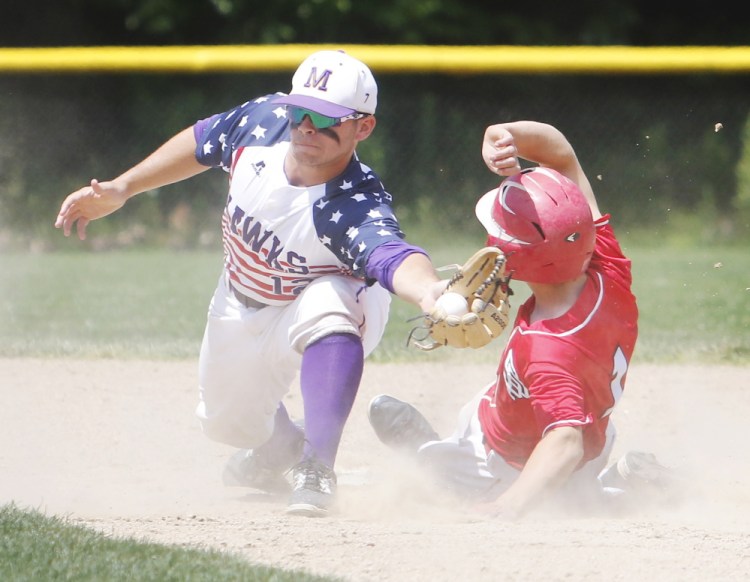 Noah McDaniel of Marshwood tags out Jacob Brown of South Portland at second base in the fourth inning of South Portland’s 9-8 win Saturday in a Western Class A semifinal at South Berwick.