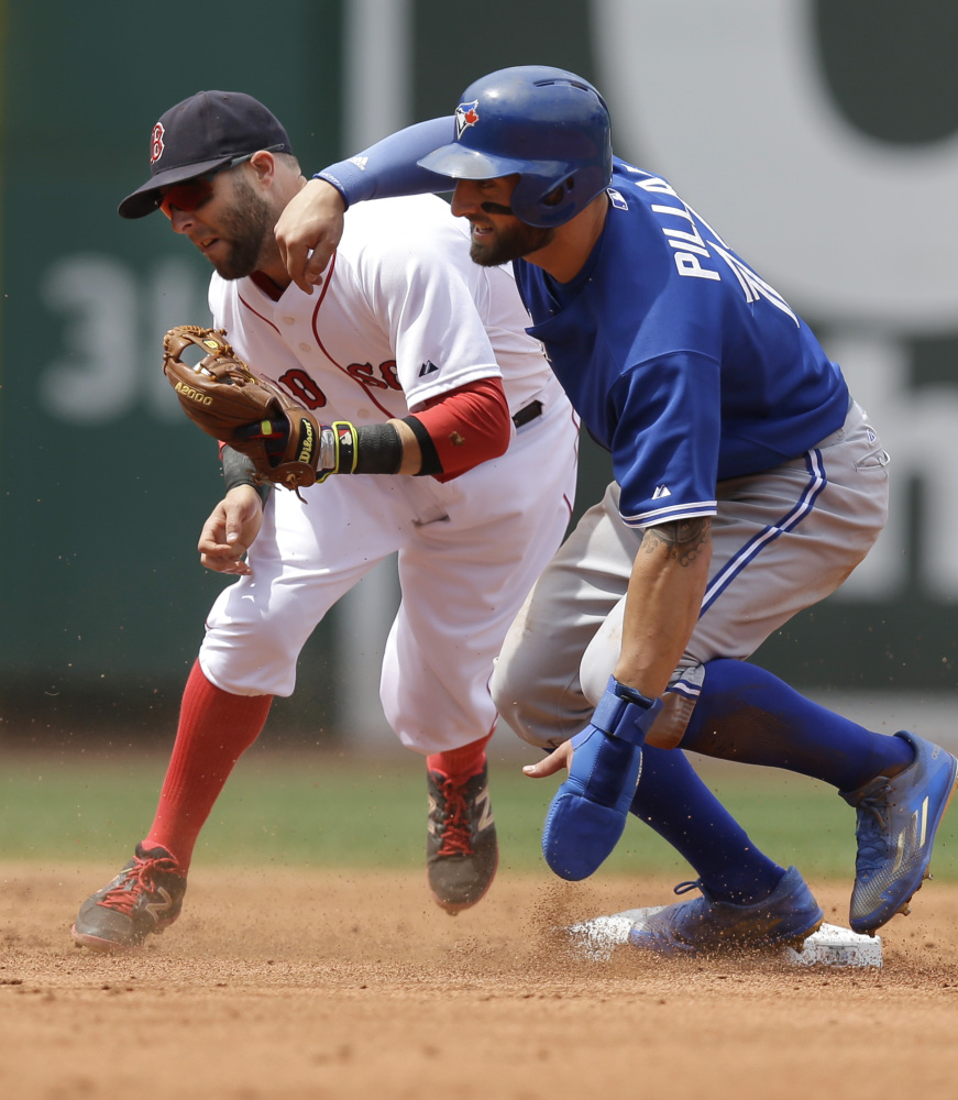Toronto Blue Jays’ Kevin Pillar steals second base as Boston Red Sox second baseman Dustin Pedroia tries to tag him out in the third inning Sunday at Fenway Park.
