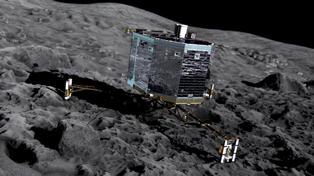 An artist’s conception shows the front view of the Philae lander on the surface of comet 67P/Churyumov-Gerasimenko. In November, the Philae landed in shadows and went dead for lack of solar power, until the comet got closer to the sun.