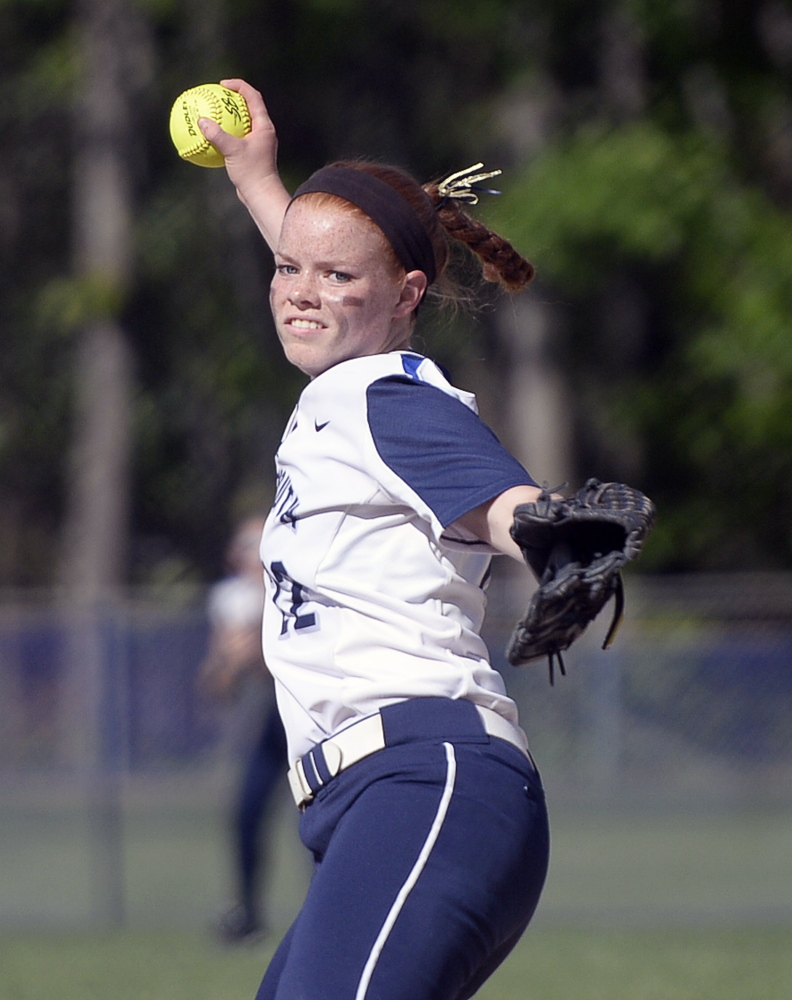 Yarmouth's Mari Cooper pitches against Leavitt on Thursday.
Shawn Patrick Ouellette/Staff Photographer