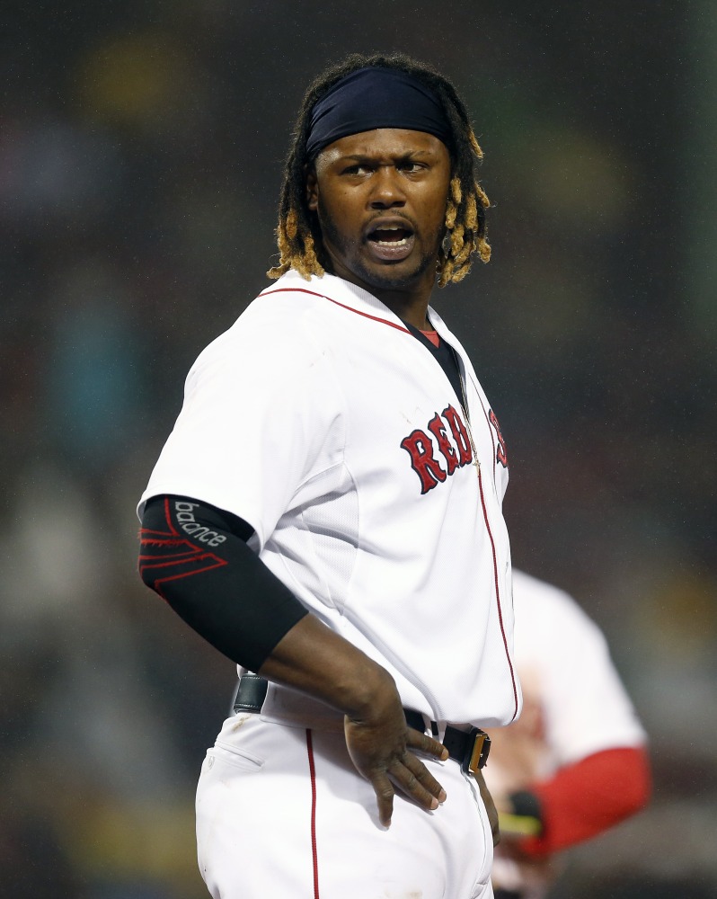 The Red Sox’s Hanley Ramirez reacts after grounding into a fielder’s choice to end the sixth inning of Monday’s night’s 4-2 loss to the Atlanta Braves.