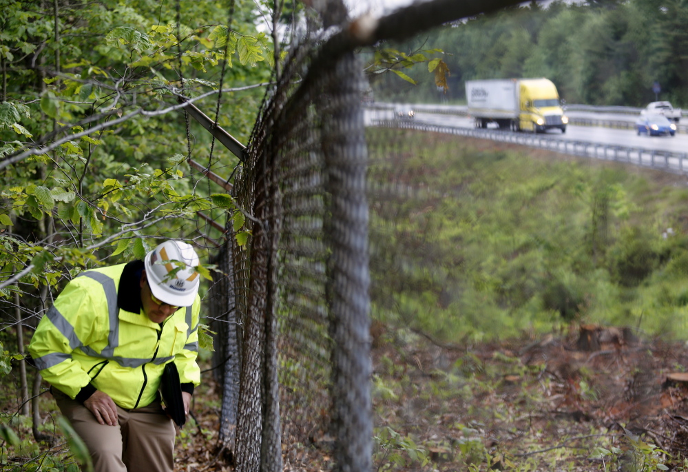 Dale Doughty, director of maintenance and operations with the Maine Department of Transportation, walks near Interstate 295 in Freeport on Tuesday before meeting with residents to talk about a tree-removal operation.