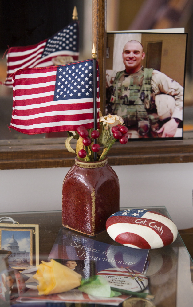 Nancy Lee Kelley’s home in Old Orchard Beach contains this memorial for her son, Capt. Christopher Cash, who was 36 when he was killed in action in 2004 while serving in Iraq.