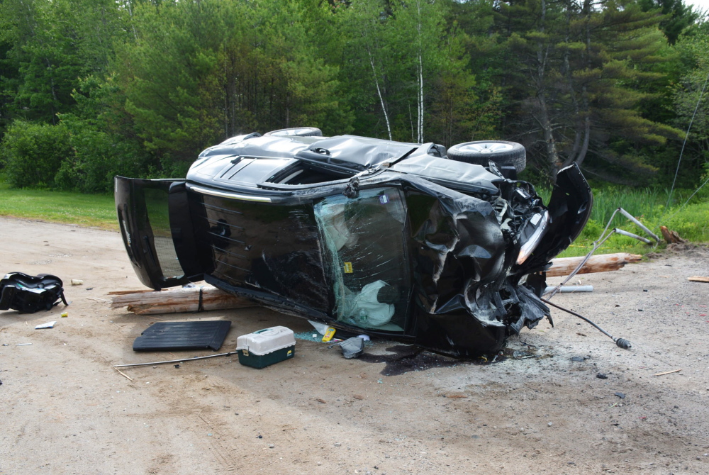 Courtesy Cumberland County Sheriff’s Office
Three people, including a 3-year-old who was flown to Maine Medical Center, were injured in this single-vehicle crash in Casco on Thursday.