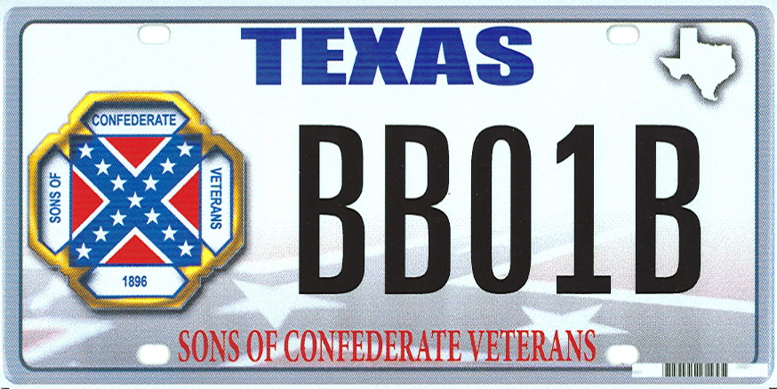 The Sons of Confederate Veterans proposed this design for Texas license plate bearing its logo with the Confederate battle flag.
