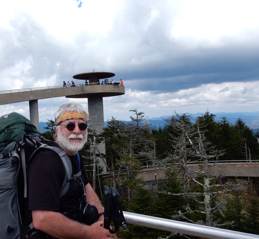 Carey Kish stands atop 6,625-foot Clingman’s Dome, the highest point on the Appalachian Trail.
