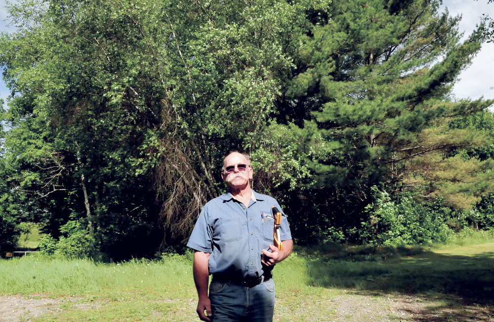 John Webster stands in a wooded section off Davis Farm Road in Solon, where he plans to build his Enviro Wood Briquette company, which will manufacture wood bricks to heat homes.