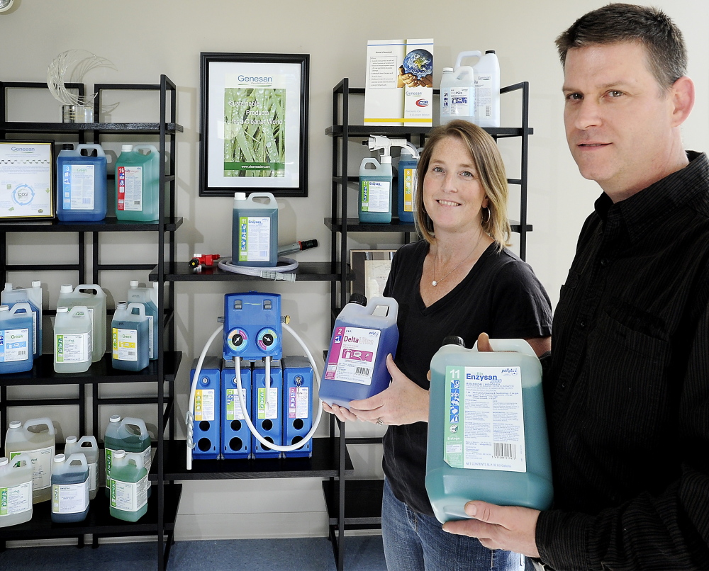 Genesan LLC specialist Meghan White and Vice President of Operations Josh White display products made from nontoxic bases.