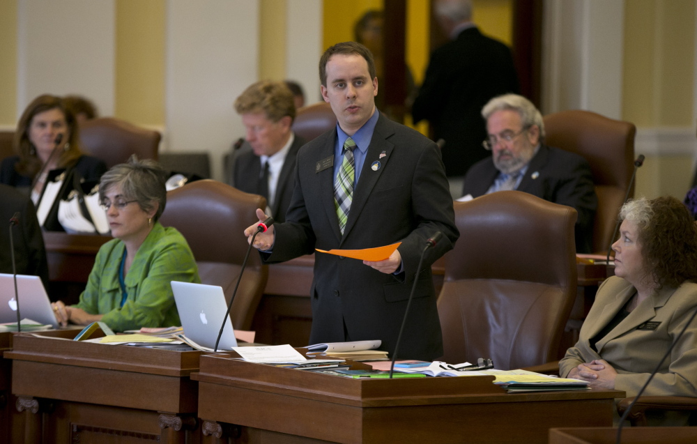 Sen. Eric Brakey, R-Androscoggin County, discusses legislation at the State House Tuesday.