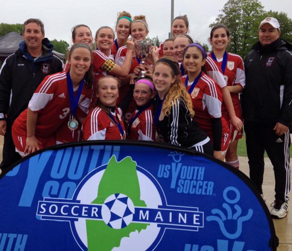 The Velocity Premier Soccer Club U17 girls won the Maine State Cup, beating Central Maine United in the final two games of a best-of-three series. Velocity qualified for the U.S. Youth Soccer Region I Championships, which start Friday in Barboursville, West Virginia. Team members, from left to right: Front row – Hannah Trudelle, Kyla Bragg, Hailey Tarr, AnnaMarie Seiler, Shabnam Yaz; Back row – Assistant coach Peter Pike, Taylor Mallett, Shaylee Ashburn, Madi Freeman, Cassidy Cochrane, Deliah Schreiber, Anna Giroux, Skye Murray, Sophia Pike and head coach Rob Rodriguez. Missing – Gabby Hanson and Faith Sinclair.