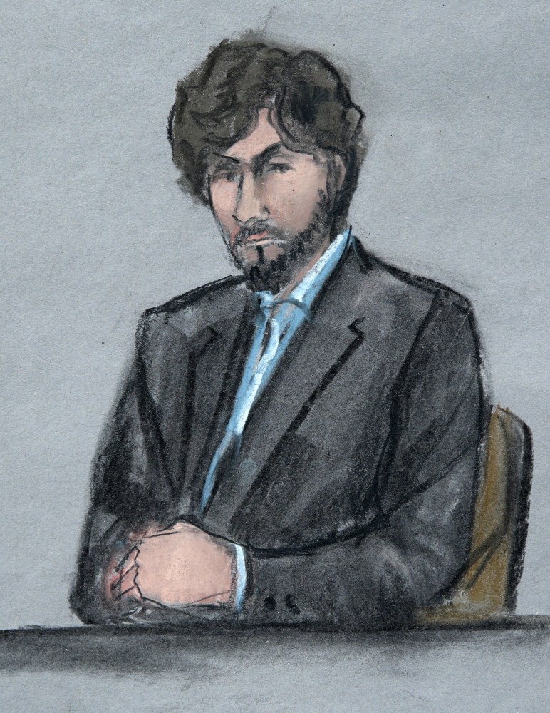 In this courtroom sketch, Boston Marathon bomber Dzhokhar Tsarnaev sits as survivors and victim’s family members address the court before U.S. District Judge George O’Toole Jr. on Wednesday in federal court in Boston.
