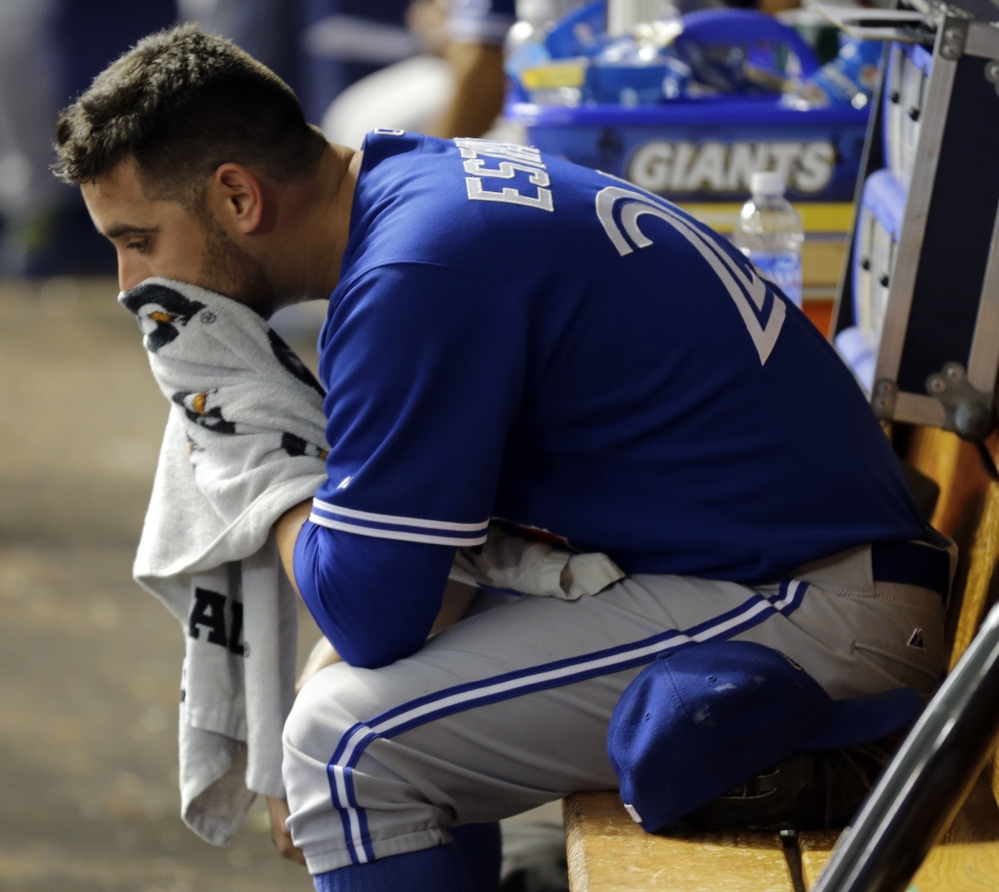 Toronto’s Marco Estrada lost a perfect game with one out in the eighth on Wednesday and did not get a decision as the Blue Jays won 1-0 in the 12th.
