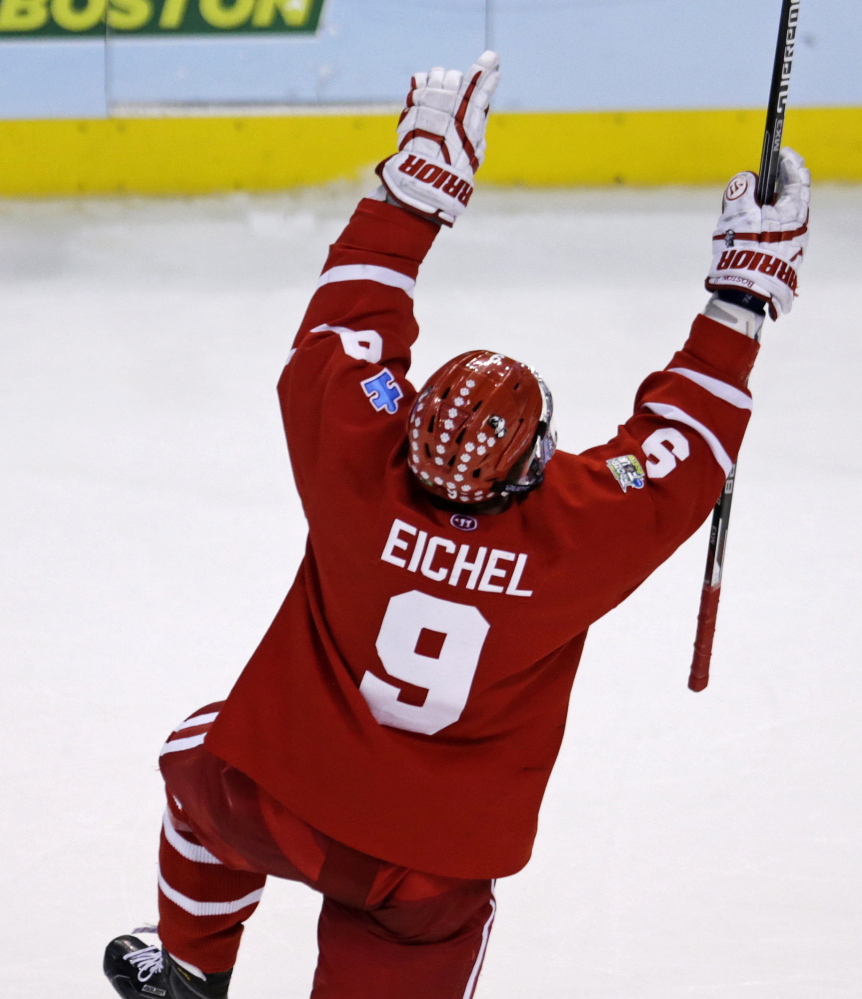 Boston University’s Jack Eichel is expected to be drafted second overall by the Buffalo Sabres on Friday in the NHL draft. The 18-year-old won the Hobey Baker Award as a freshman last season.