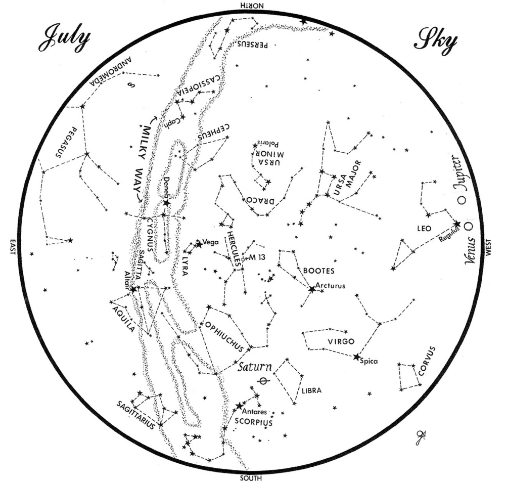 SKY GUIDE: This chart represents the sky as it appears over Maine during July. The stars are shown as they appear at 10:30 p.m. early in the month, at 9:30 p.m. at midmonth and at 8:30 p.m. at month’s end. Saturn, Venus and Jupiter are shown in their midmonth positions. To use the map, hold it vertically and turn it so the direction you are facing is at the bottom.