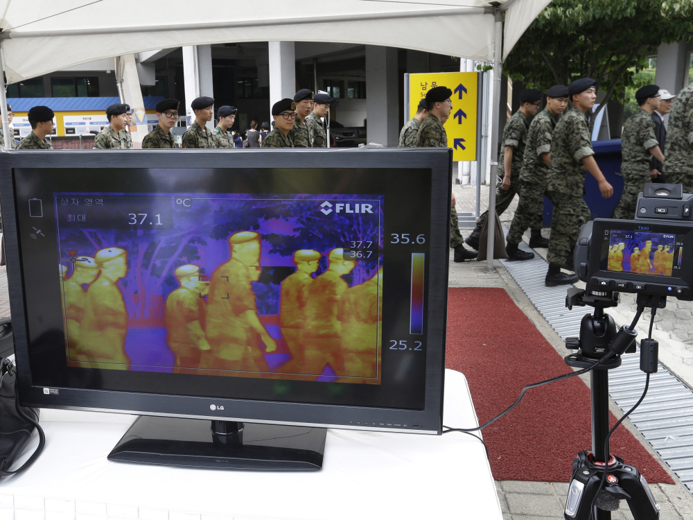 A thermal camera monitor shows the body temperature of South Korean army soldiers as a precaution against the Middle East respiratory syndrome.
