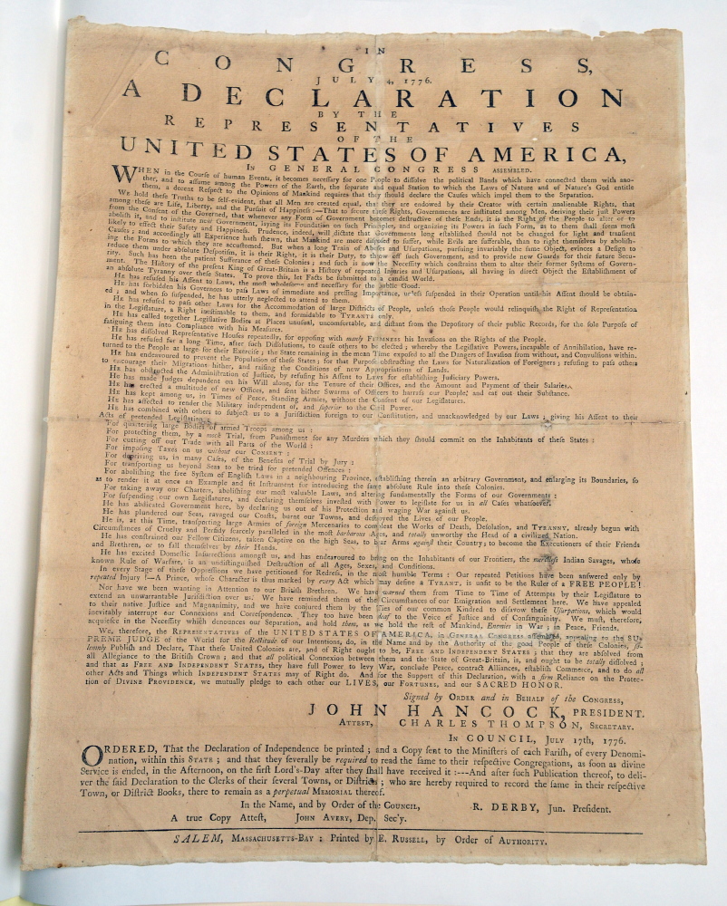 Hallowell’s 1776 copy of the Declaration of Independence at the Maine State Museum in Augusta.