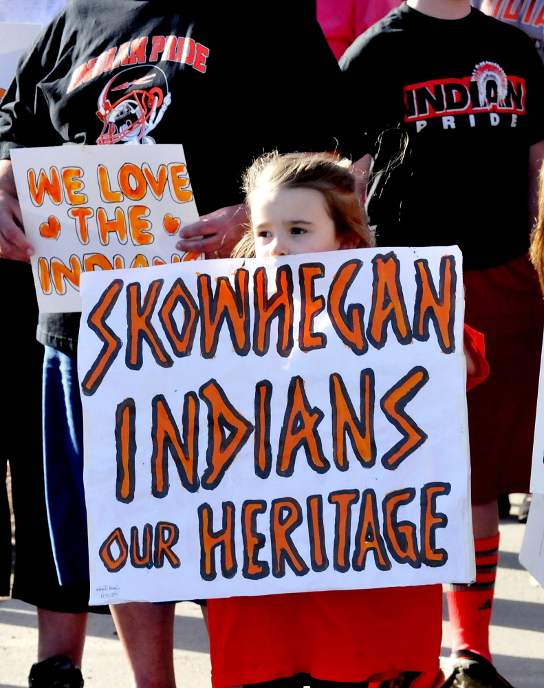 Skylar Carter was among 40 people who turned out April 13 to support keeping the Indians nickname for Skowhegan school sports teams.